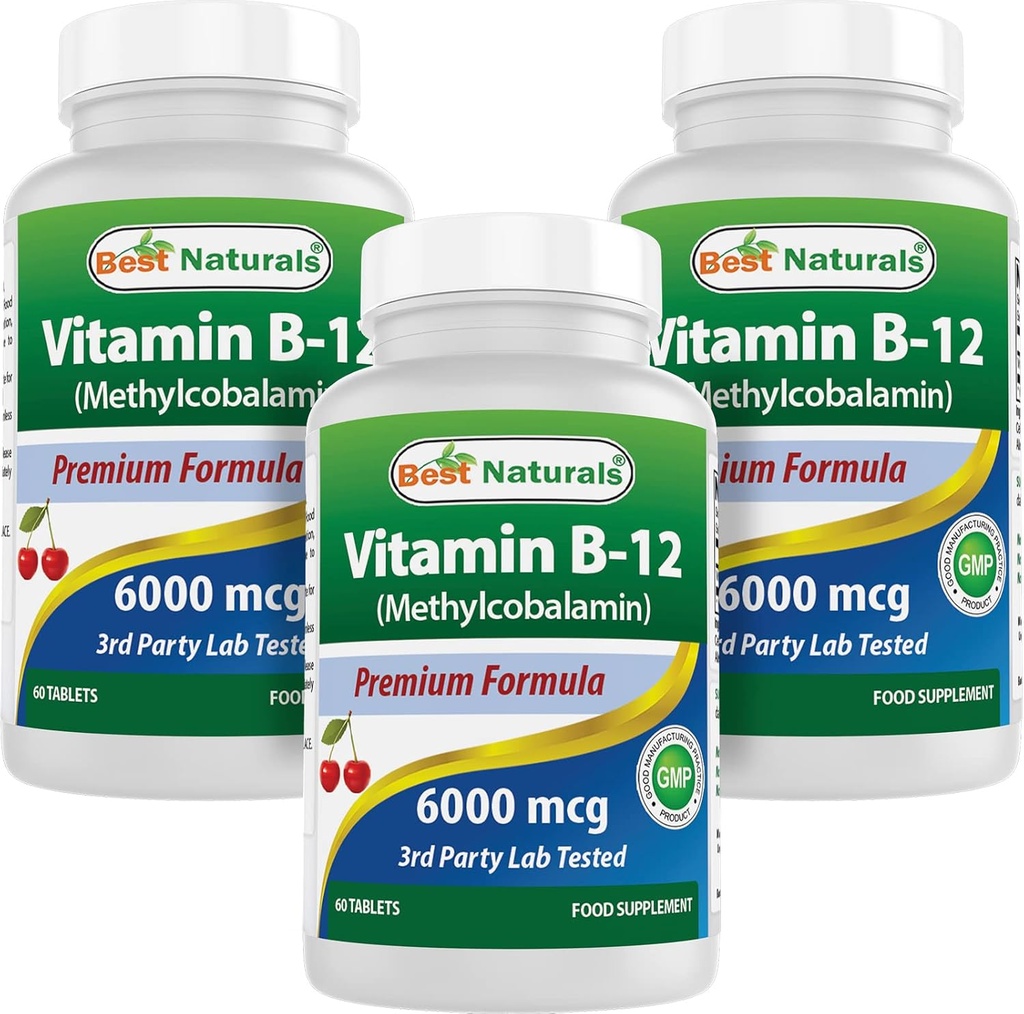 Best Naturals ויטמין B-12 כמו Methyylobalamin (Methyl B12, 6000 mcg 60 טבליות sublingual Tablet (60 Count (Pack of 3))