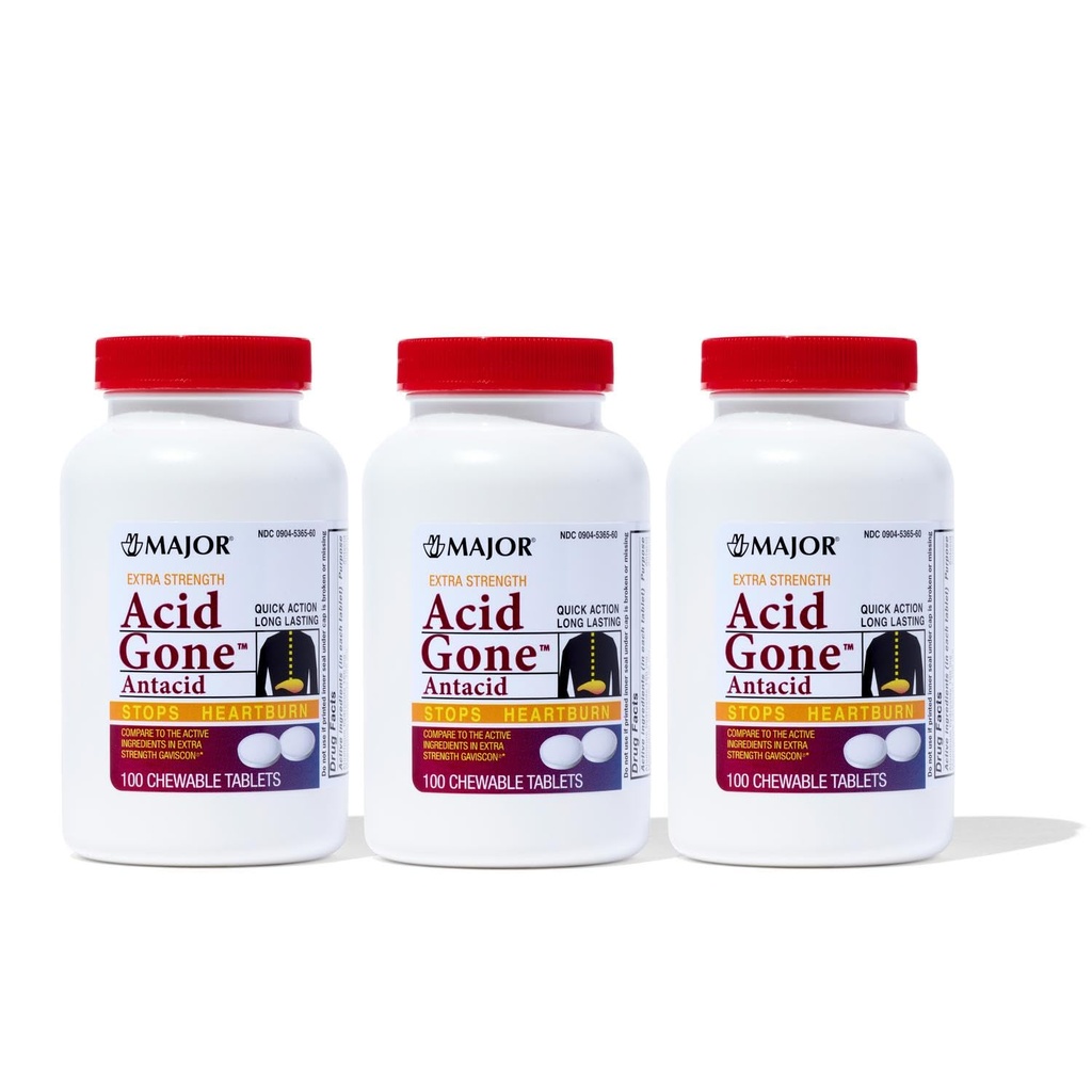 Major Acid Gone Another Power Antacid Chewable Tablets - Anti-Acid Relief - Acid Reflux Medicine for Adults - Upset Stomach, Acid Indigestion, and Heartburn Relief - Long-Lasting - 100 Count (3 Pack)