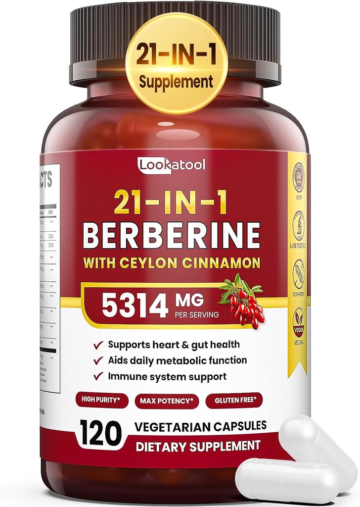 21-in-1 Berberine תוספת עם Ceylon Cinnamon - 1500 מ"ג אורגני Berberine HCL Phytosome, 5X גבוה יותר Absorption עבור Metabolism תמיכה 100 קפסולות