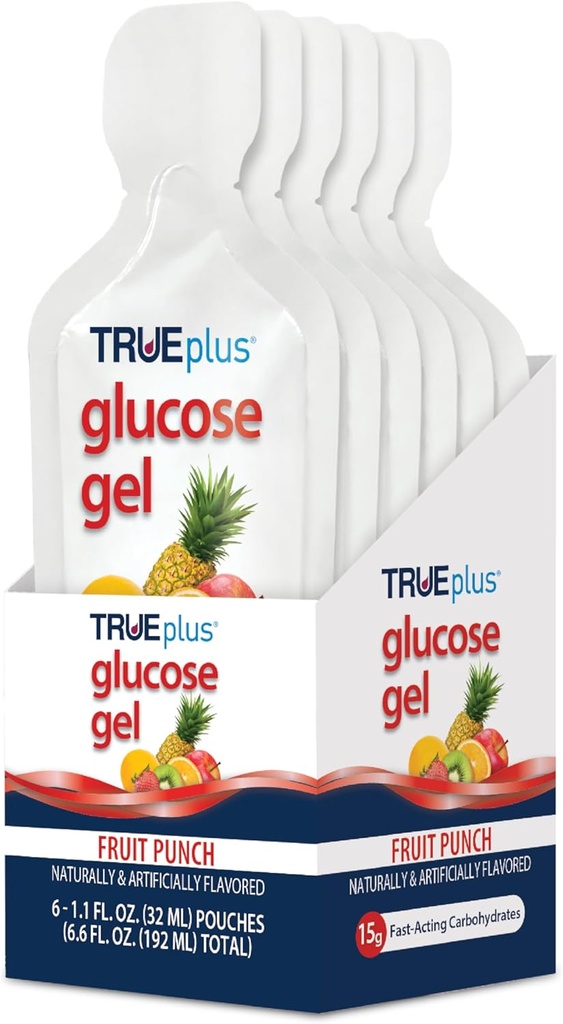 TRUEplus Glucose Gel Pouch, פירות Punch Flavor, 15g Fast-Acting carbohydrates, שומן חינם, Gluten חינם, תמיכה מהירה סוכר נמוך אנרגיה, 6 Pack