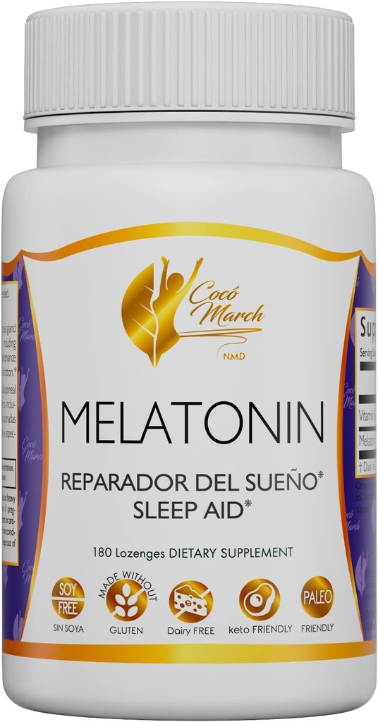 Cocó March N.M.D Chewable Melatonin 3 מ"ג - שחרור מהיר - Gluten חינם, Paleo Friendly, חלב חינם, Keto Friendly, Soy Free, 180 Lozengesges