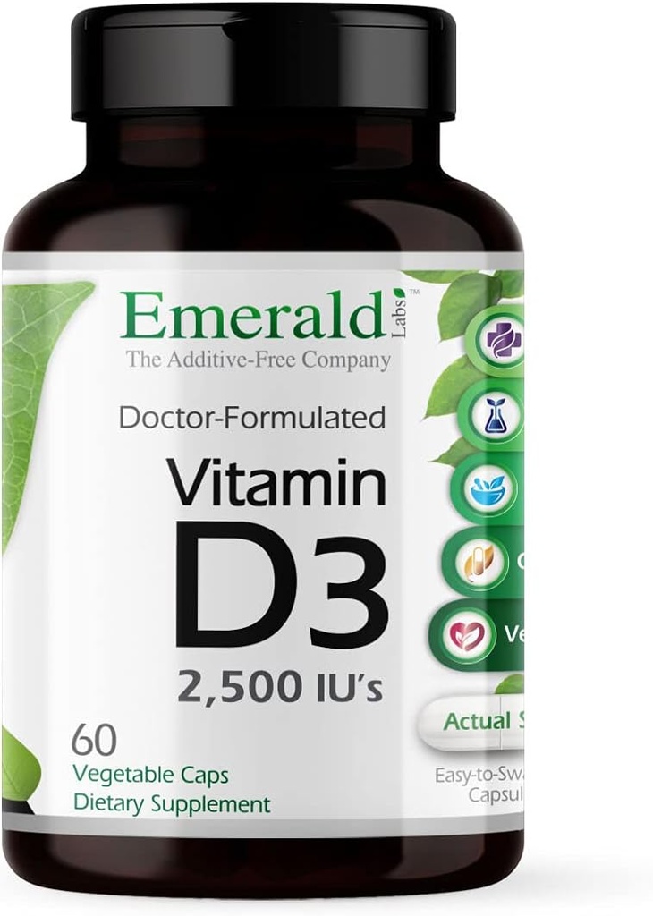 EMERALD LABS ויטמין D3 2,500 IU - תומך העצם, שיניים, שריר, לב ומזון בריאות - תוספת Premium Dietary - 60 קפסולות ירקות (60 יום אספקה)