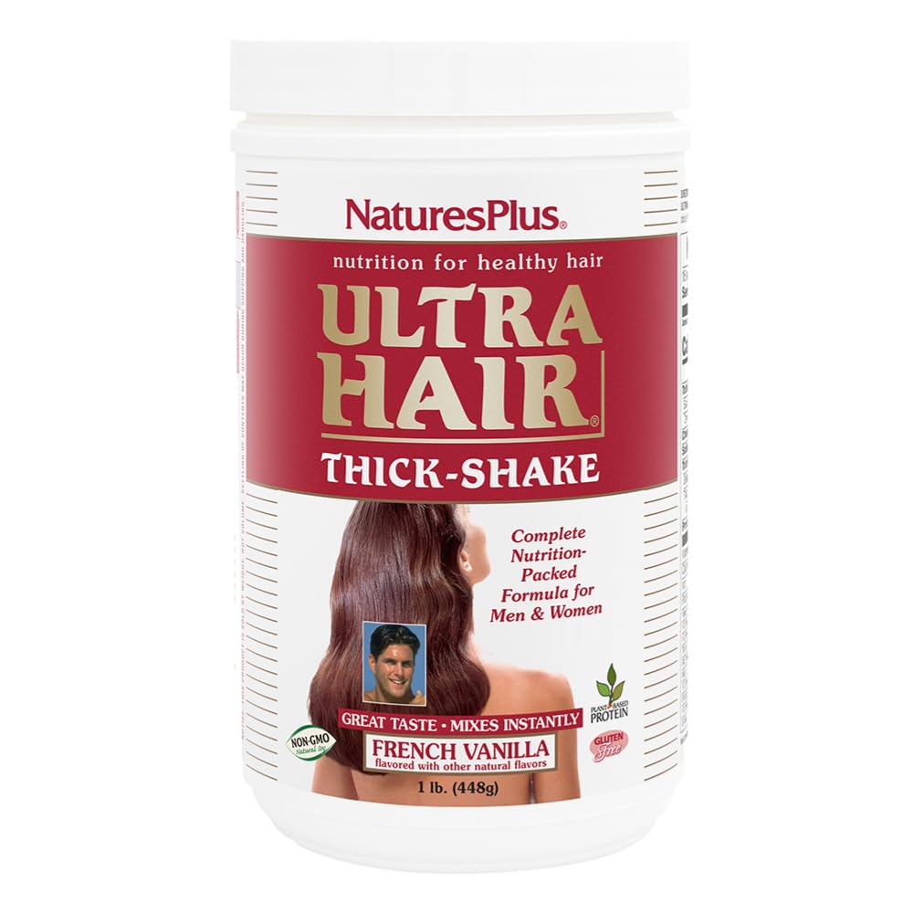Natures Plus Ultra Hair Thick Shake - 1 lb, שיער חלבון שקד - צרפתי Vanilla Flavor - תוספת שיער בריאה עם ויטמינים ומינרלים - non-GMO, Gluten-Free - 16 לשרתים