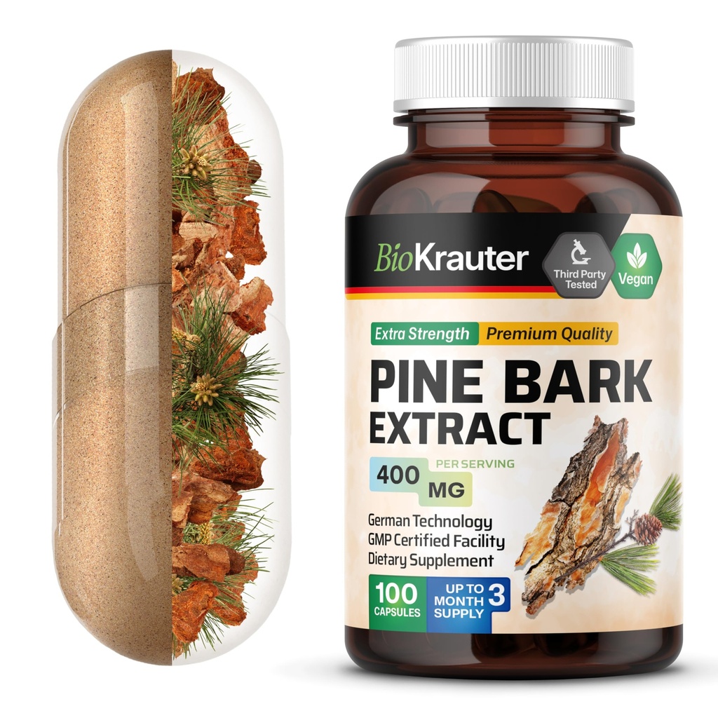 BIO KRAUTER Pine Bark לחלץ קפסולות 400 מ"ג - 100 Count - Antioxidant תוסף - 95% Proanthocyanidins - Pine Bark תוסף - טבעוני, No Fillers
