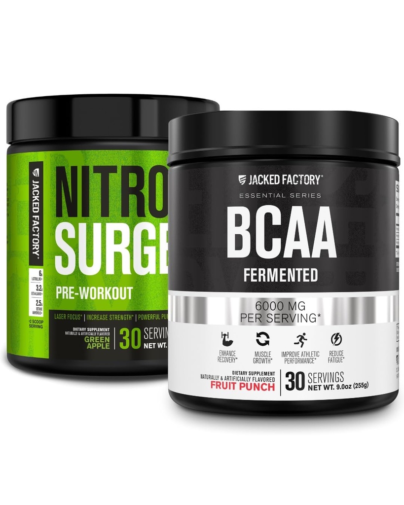 Jacked Factory Nitrosurge Pre-Workout in Green Apple & BCAA in Fruit Punch for Muscle Building and Recovery