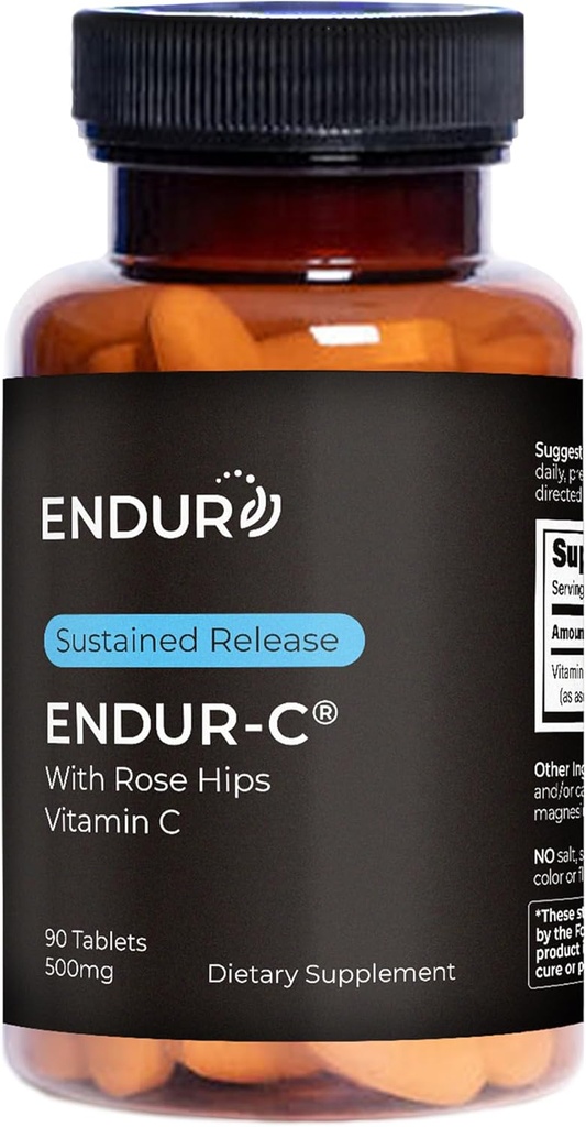 Endur ENDUR-C ויטמין C עם Rose HIPS, תומך בייצור Collagen, Antioxidant Protection & Gentle Digestion, Gluten Free, 500 מ"ג (90 טבליות)