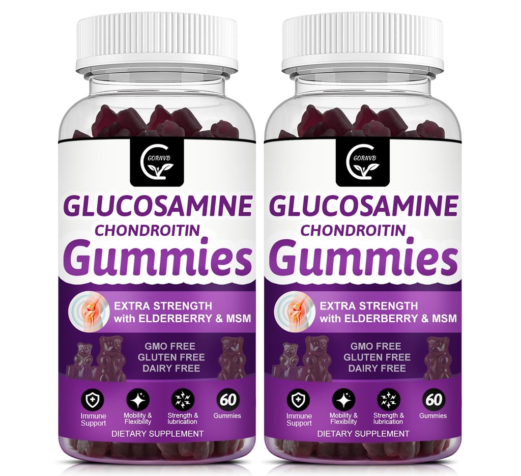 Glucosamine Chondroitin Gummies עם MSM & Elderberry תוספת כוח - תמיכה גמישות, Antioxidant Immune תמיכה תוספת תמיכה למבוגרים, גברים ונשים - 60 צ'נדרוטין מסטיקמי (2 Pack)
