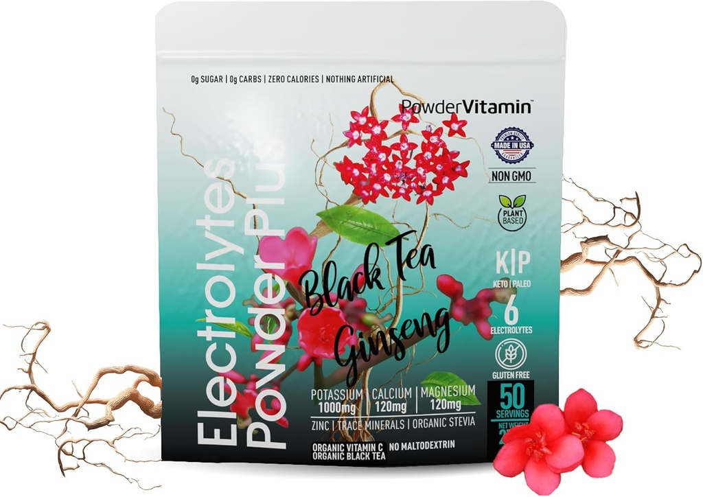 אבקהVitamin אלקטרוליט אבקת פלוס (50 משרתים) אבקת תה שחור גיינסנג אלקטרוליט אבקת Keto, סוכר חינם, מלח ההימלאיה ורוד, 1000 מ"ג פוטאסום, 120 מ"ג Calcium, 120 מ"ג מגנזיום Magnesium, אבקת הידרציה