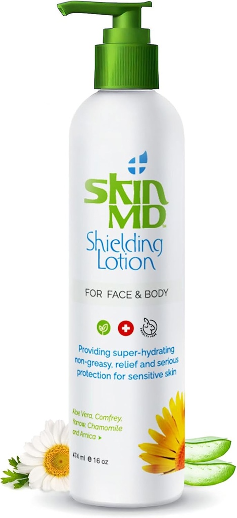 Skin MD Shielding Lotion - הידרציה של הגוף לעור רגיש | Non-Gry, Fast-Absorbing Moisturizer עם צמחי מבוסס צמחים | עבור עור יבש, אקסמה & Psoriasis הקלה - 16oz Dispenserserserserser