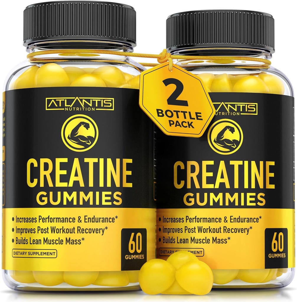 Atlantis Nutrition Creatine Monohydrate Gummies for Power & אתלטיקה ביצועים - 5g Creatine Per המשרת - בנו שריר, ביצועים מתקדמים & Endurance ושיפור Post Workout Recovery - 120 הרוזן
