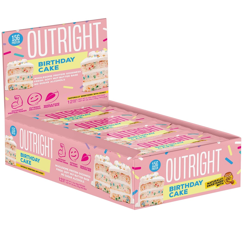 Outright Bars - עוגת יום הולדת Peanut Butter - Whole Food Protein Bar - No Sugars - MTS Nutrition (12 Count)