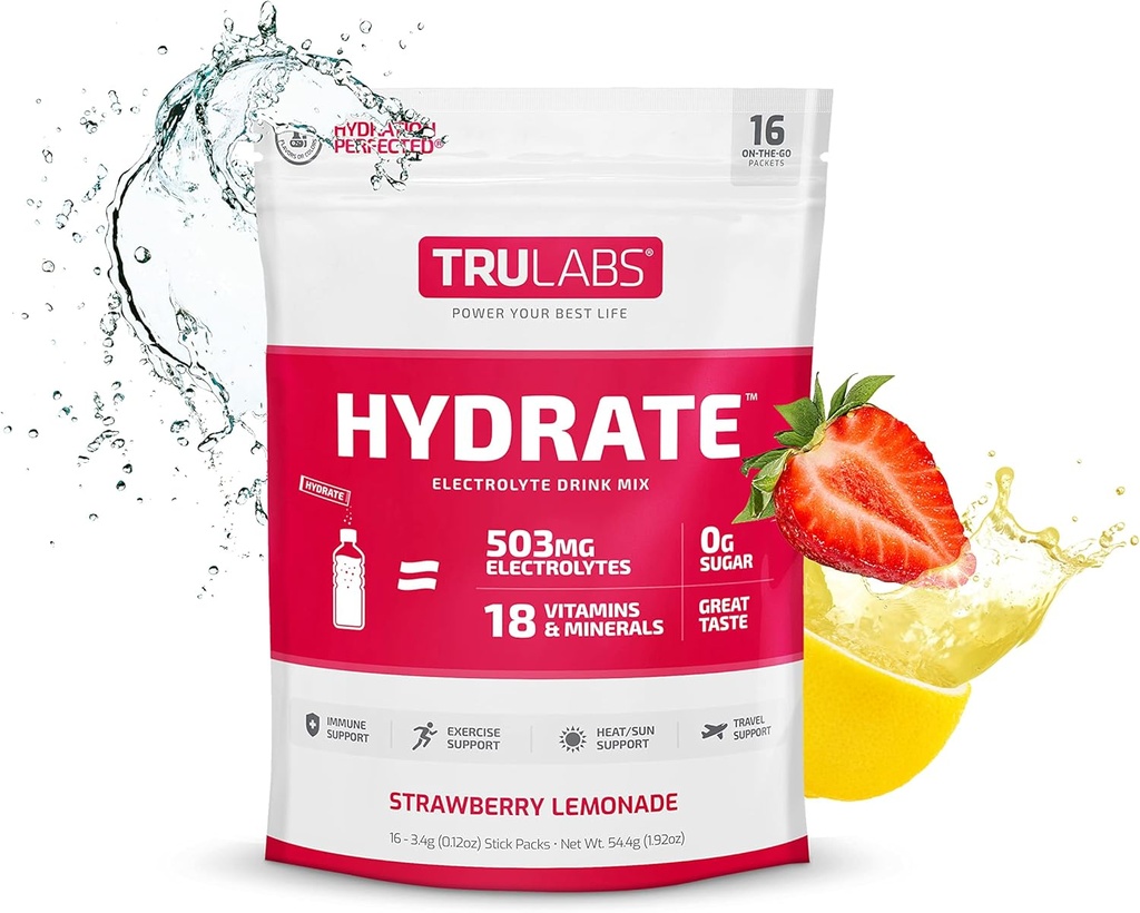 TRULABS hydrote Strawberry Lemonade, hydrotion Electrolyte אבקת שתייה Mix,16 מקלות. 0 סוכר, רק 5 קלוריות, 503 מ"ג אלקטרוליטים.
