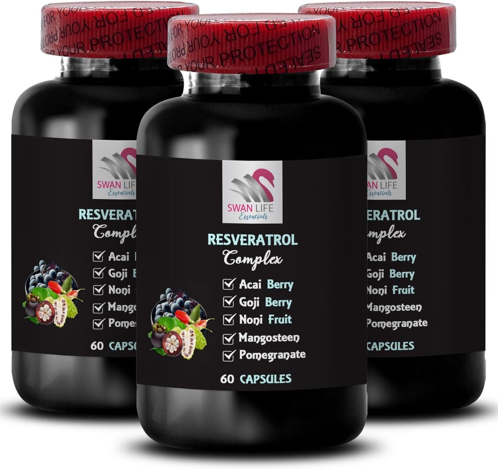 יתרונות ברי - RESVERATROL COMLEX - תמיכה יומית, Acai ברי אנרגיה, Goji Berry Power, Grape Skin Boost, Hydra Factor, Elderberry כוח, תמיכה תזונתית 3 בקבוקי 180 קפסולות