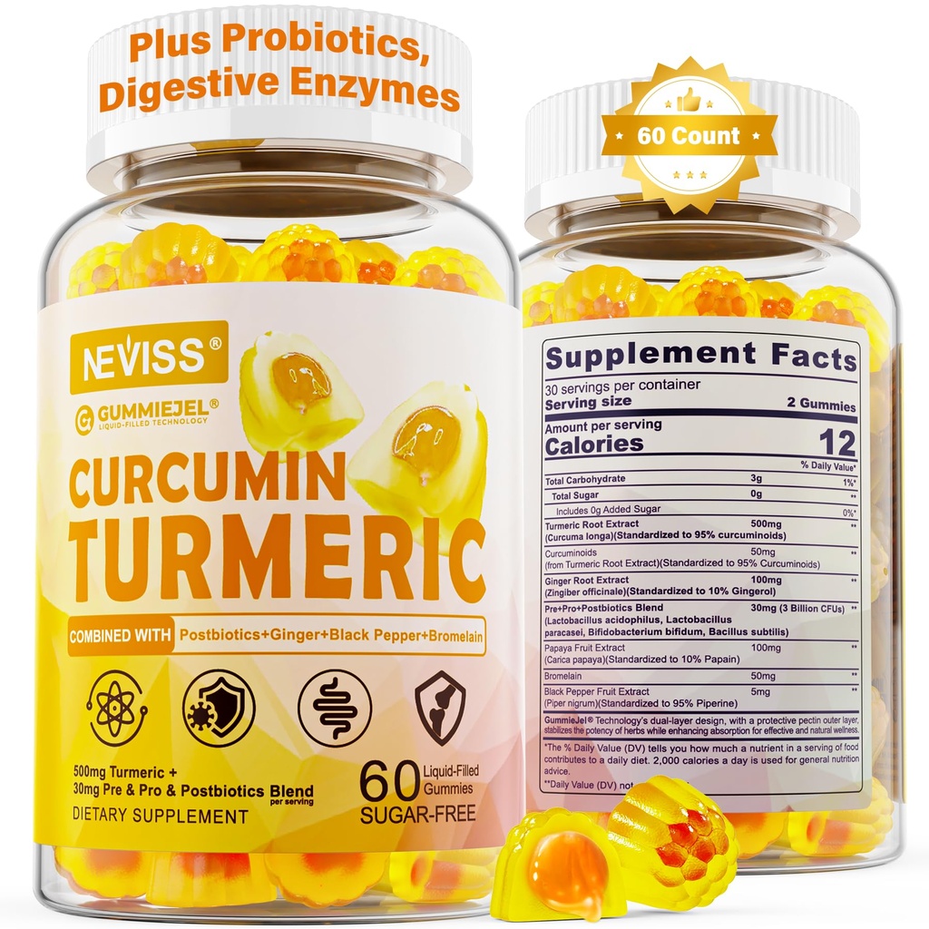 סוכר חינם Turmeric Curcumin מלא חניכיים 550 מ"ג למבוגרים, ג'ינג'ר & Black Pepper | 95% Curcuminoids w/Prebiotic Probiotic & Postbiotic בלנדר, תמיכה Immune & Digestive Health, טבעוני, 60 הרוזן