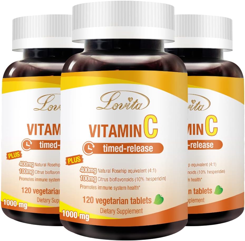 Lovita ויטמין C 1000 מ"ג עם Bioflavonoids & Rose HIPS, Timed לשחרר Sticking, High Potency, תומך Boost Healthy Immune פונקציונלי, 120 טבליות צמחוניות עבור 4 חודשים אספקה (Pack של 3)