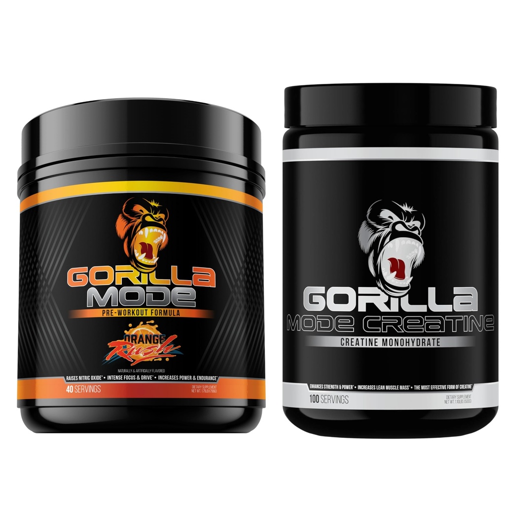 Gorilla Mind Pre Workout (Orange Rush) + Creatine (100 משרתת) - מקיף עבור כוח משופר, כוח בחוץ, וגודל השרירים