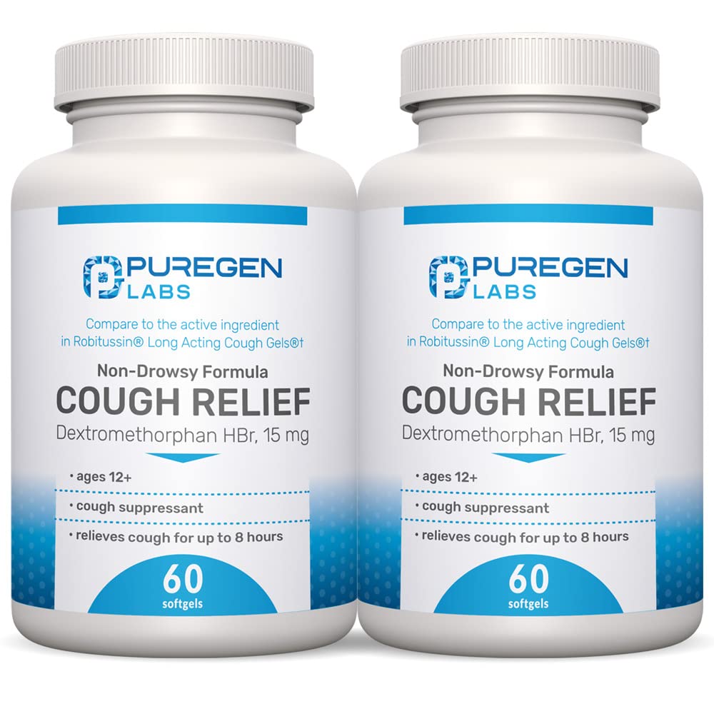 P Puregen Labs Cough Relief for Adults Dextromethorphan HBr 15 מ"ג (120 Softgels) 8-Hour, Non-Drowsy, Long-Lasting Bronchial Suppressant | Ages 12+ | בהשוואה Robafen ו- Robitussin 2Pack