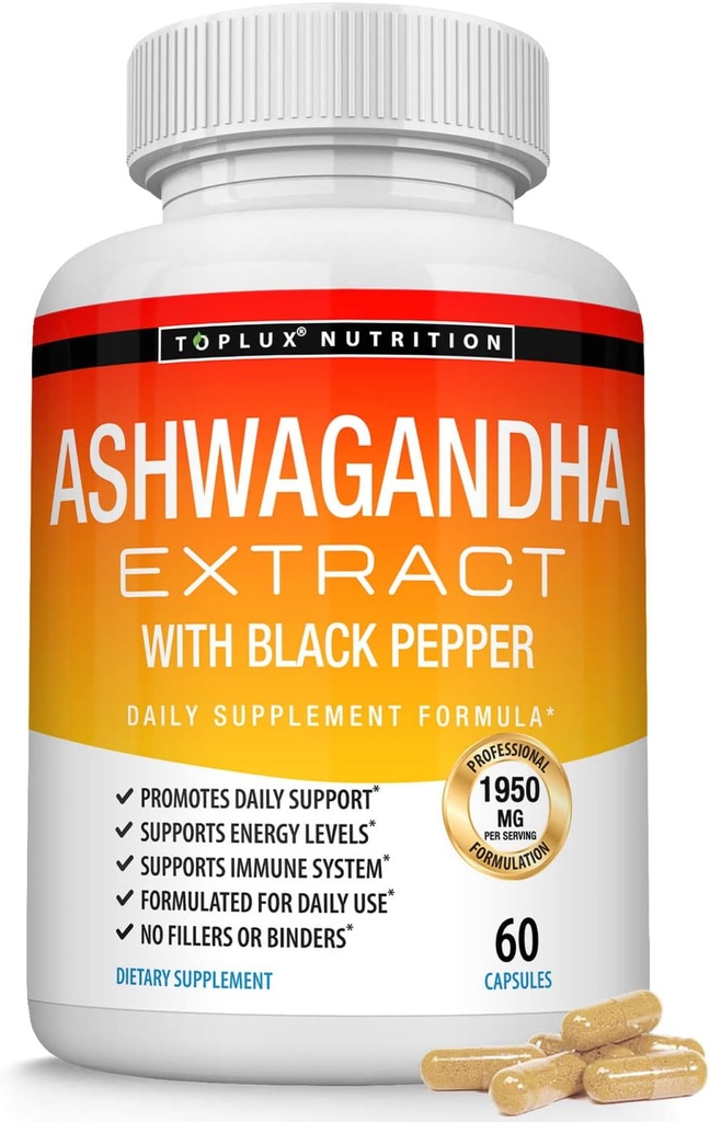 אורגני Ashwagandha Root אבקת גלולות 1950 Mg עם שחור פפר לחלץ - טהור טבעי אשוגנדה, אנרגיה תמיכה, עבור גברים נשים, 60 קפסולות
