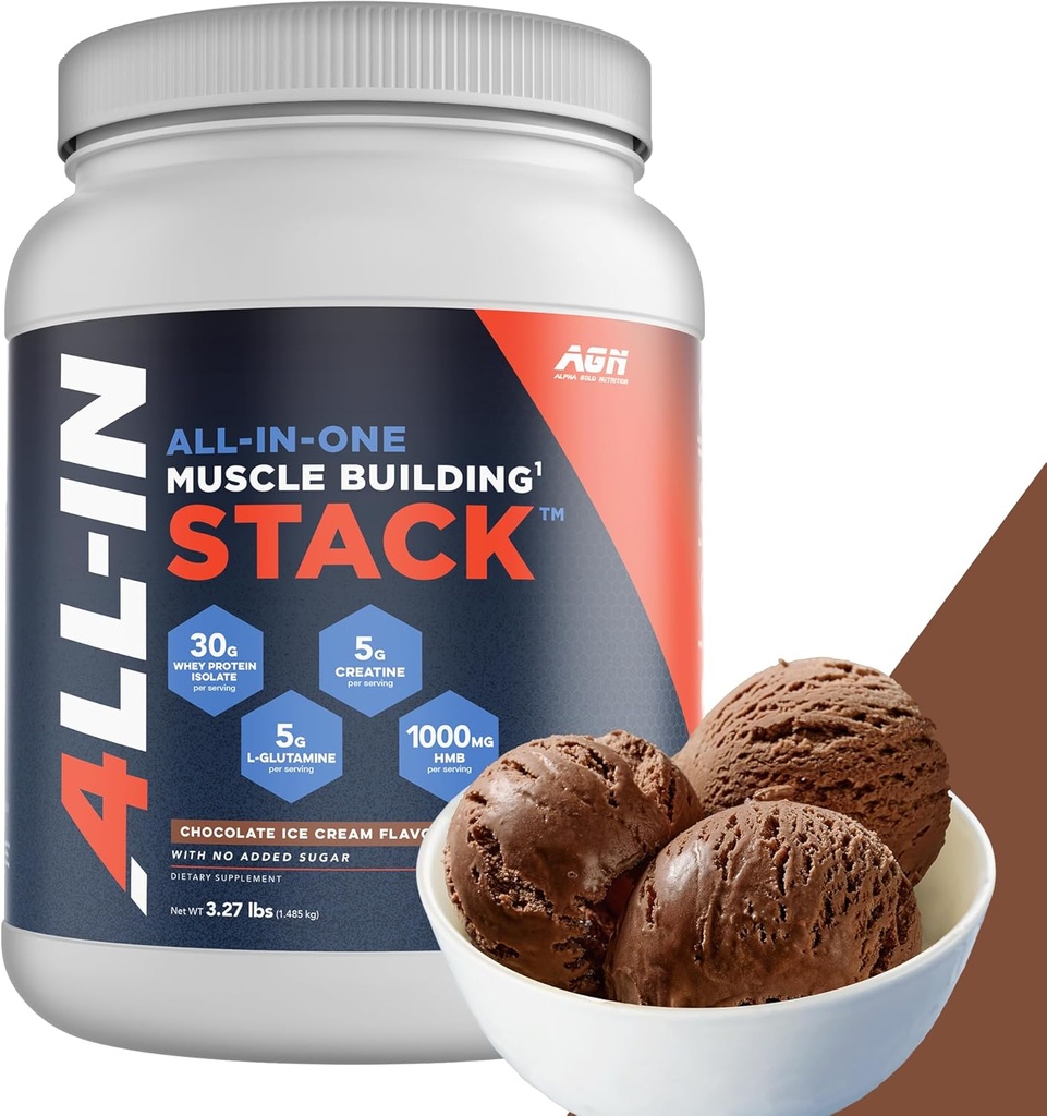 All-in-One שריר בניין Stack - שוקולד Whey Protein Isolate, Creatine Monohydrate, HMB ו- L-Glutamine, 4 מוצרים באחד, שום דבר מלאכותי, 30 משרתים