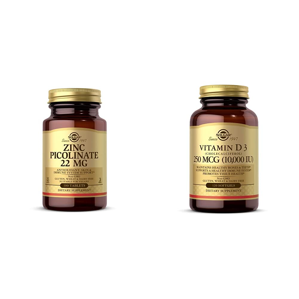 Solgar Zinc Picolinate 22 מ"ג, 100 טבליות - מקדם עור בריא - תומך במערכת החיסון, רגיל T עם ויטמין D3 (Cholecalciferol) 250 MCG (10,000 IU), 120 Softgels - מסייע לשמור על עצמות בריאות