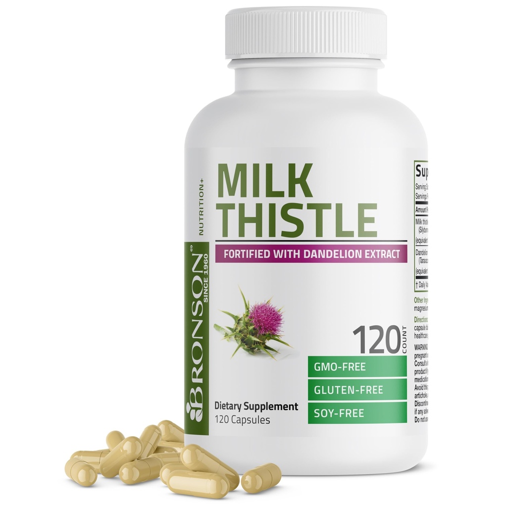 Bronson Milk Thistle Silymarin Marianum & Dandelion Extractr Health Support, Antioxidant Support, Detox, 120 קפסולות