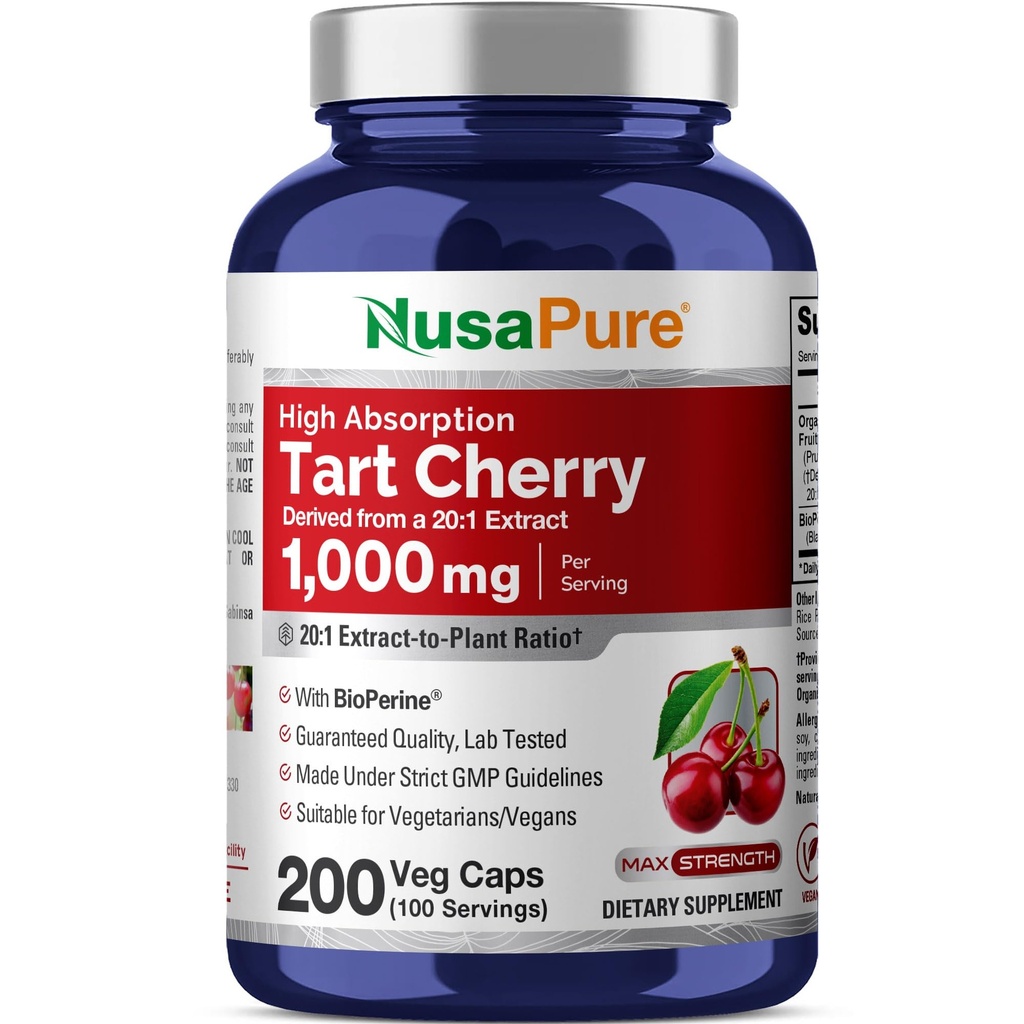 NusaPure אורגני Tart Cherry 20:1 לחלץ, 1000 מ"ג Equivalent to 20,000 מ"ג 200 Veggie Caps (Vegan, non-GMO) Bioperine