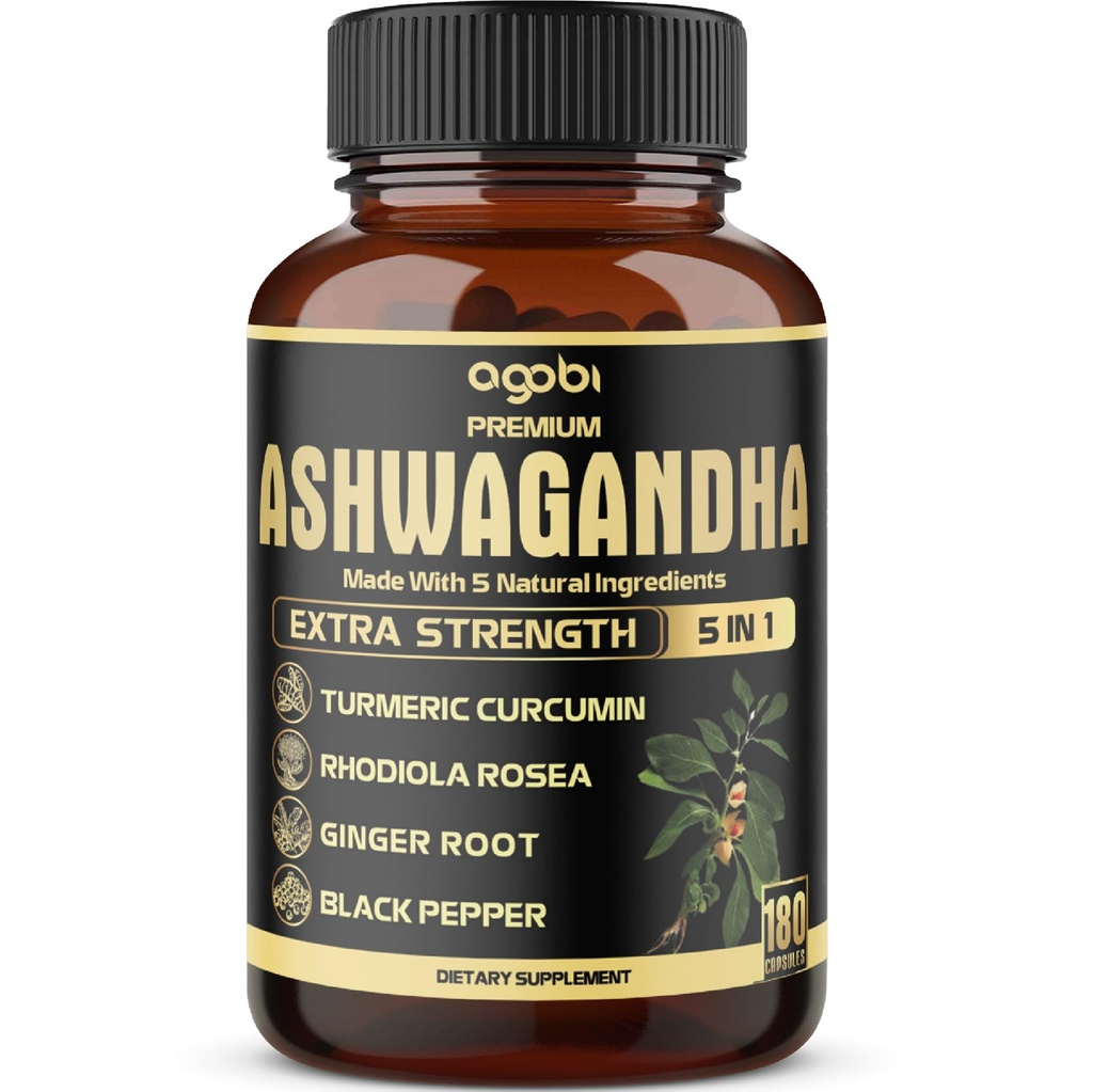 5in1 Premium Ashwagandha כמוסות - נוסף Turmeric, Rhodiola Rosea, ג'ינג'ר, Black Pepper - 180 Caps במשך 6 חודשים