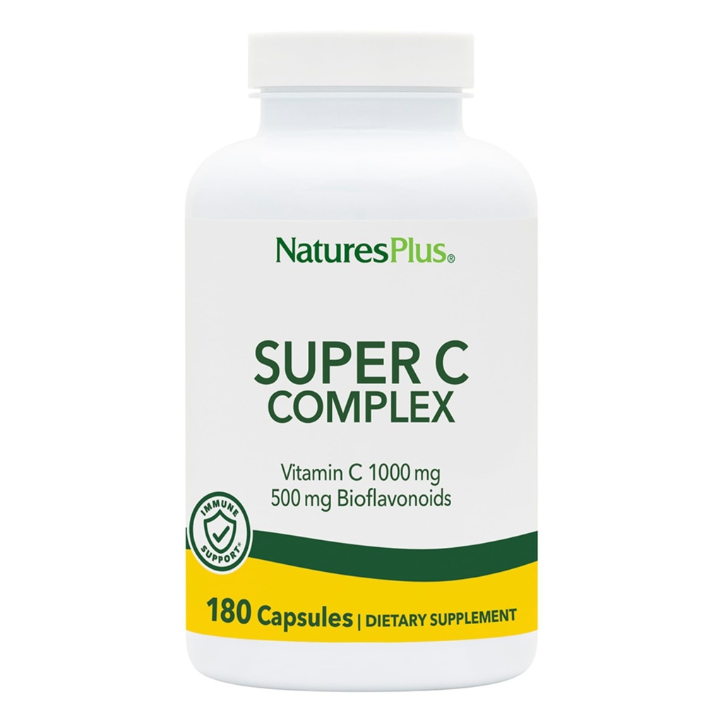 NaturesPlus Super C Complex - 180 קפסולות - 1000 מ"ג ויטמין C + 500 מ"ג Bioflavonoids - טבעוני, גלוטן חינם - 90 משרתות