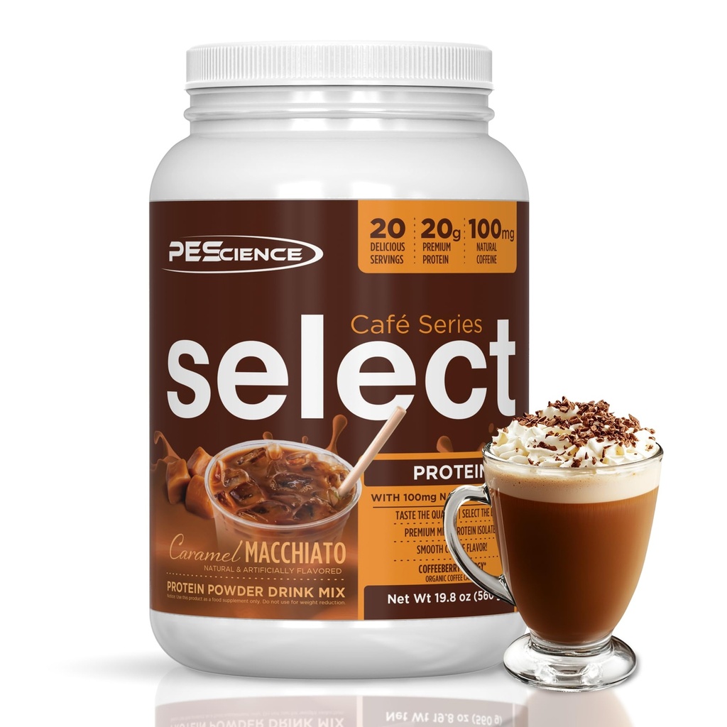 PEScience בחר קפה חלבונים אבקה, Carmel Macchiato, 100 מ"ג Caffeine, 20g Iced חלבונים אבקת או Creamer, 20 משרתים