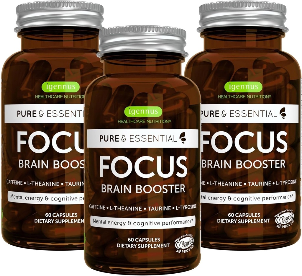 Igennus Focus - Nootropic עם 200mg טבעי Caffeine, Methylated ויטמין B, L-theanine, Tairine, L-Tyrosine, אנרגיה נקייה, המוח Booster & ביצועים קוגניטיביים, Non Jittery, 180 קפסולות