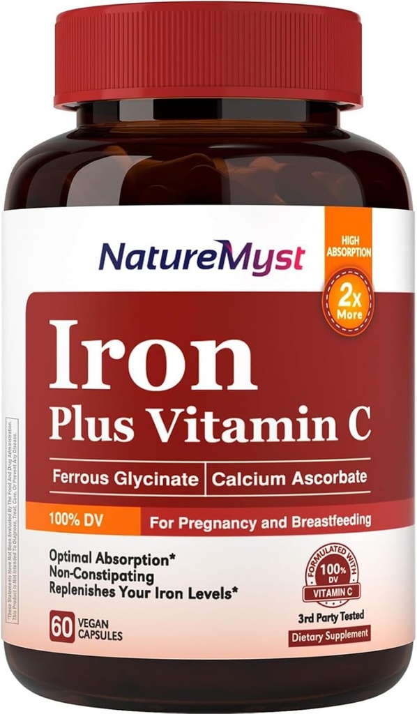 תוסף ברזל Gentle לנשים גברים, 27mg Iron Bisglycinate Plus 120 מ"ג ויטמין C, Stomach Friendly, Optimal Absorption & Non-Constipating Iron Pills, Gluten Free, non-GMO, 60 Vegan Capssorption & Non-Constipating Iron Pills, Gluten Free, non-GMO, 60