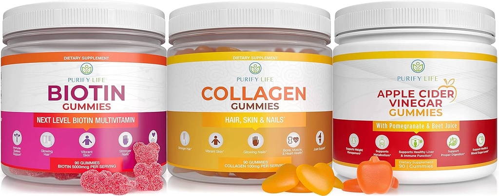 Purify Life Apple Cider Vinegar, Collagen & Biotin Bundle, Gut Health & Digestion, Gummies for Hair growth, Healthier Skin & Nails, Vegan, Gluten Free, Non-GMO All Natural Supplements