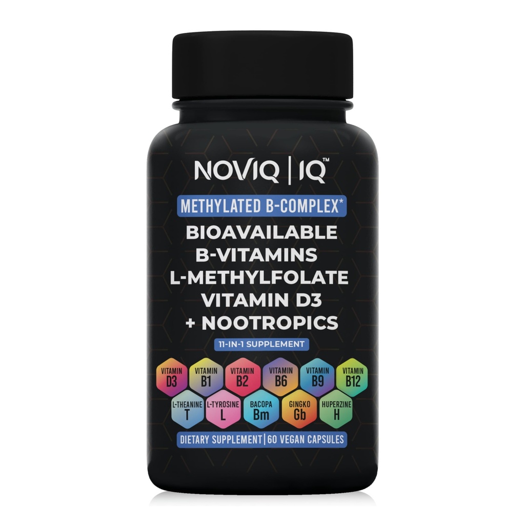 11-in-1 Methylated B-Complex תוסף: 680mcg L-Methylfolate(5-MTHF) Thiamine(B1) Riboflavin (B2) Pyridoxal (B6) Methylcobalamin (B12) - VegD3 + Nootropics - 1,100+3 משרת - 60 Count
