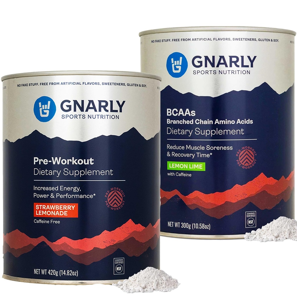 Gnarly Nutrition Gnarly Preworkout Strawberry Lemonade Caffeine חינם (14.82oz) BCAAs לימון Lime (10.58oz)