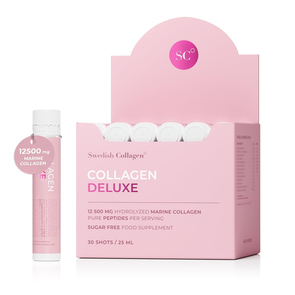שוודית Collagen Deluxe | 12,500 מ"ג hydrolyzed Marine Collagen נוזל תוספת - 30 x 25 מ"ל יריות | Hyaluronic Acid, Biotin ו- ויטמין C כדי לתמוך שיער בריא, עור, ציפורניים | סוכר חינם ללא סוכר