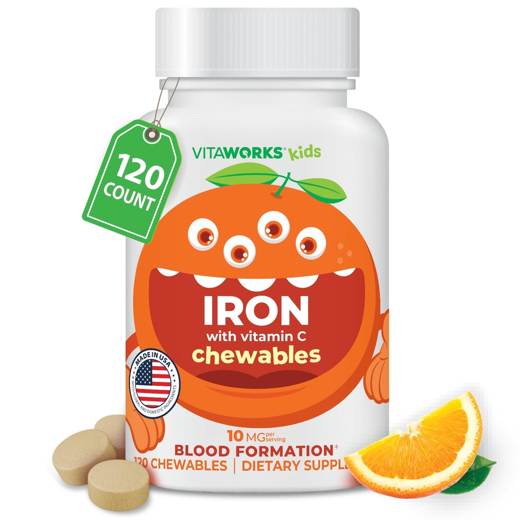 ילדים איירון 10 מ"ג עם ויטמין C 50 מ"ג טבליות Chewable - Tasty Natural Flavored - טבעוני, Vegetarian, GMO-Free, Nut חינם - תוספת ברזל תזונתית - תצורת דם לילדים - 120 Chewables