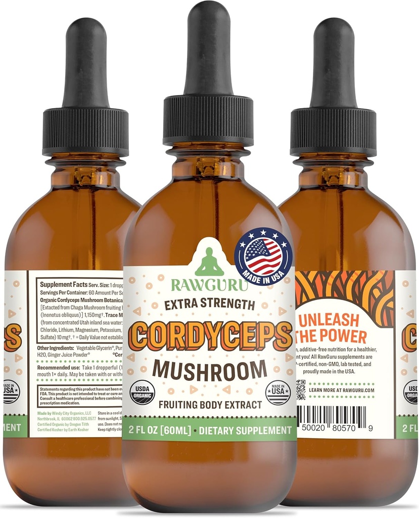 RawGuru Cordyceps Mushroom תוסף - טבעוני Cordyceps לחלץ עם Trace מינרלים - Nano-Processed Immunity Boost & Cognitive Supplement Tincture - 60 משרתים של טיפות טבעוניות ל 60 מ"ל, Pack של 1