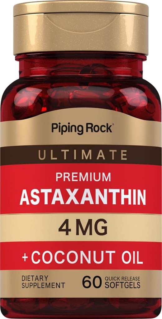Piping Rock Astaxanthin 4 מ"ג | 60 Softgels | עם שמן קוקוס | Algae לחלץ תוסף