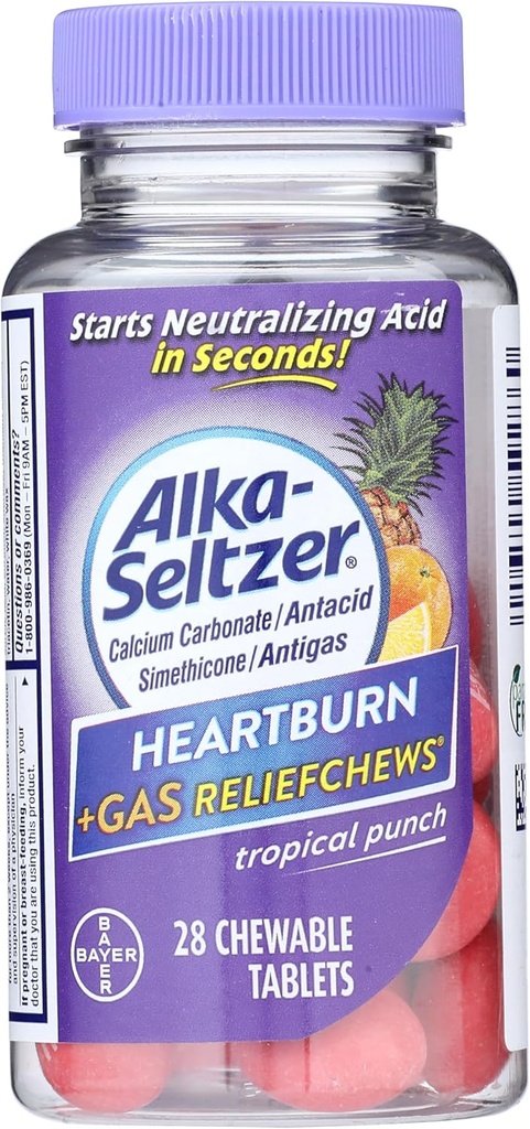 Alka-Seltzer Heartburn + Gas ReliefChews - הקלה של לבבורן, גז, Acid Indigestion, Sour Stomach - טרופי Punch Flavors - 28 Count Count Count