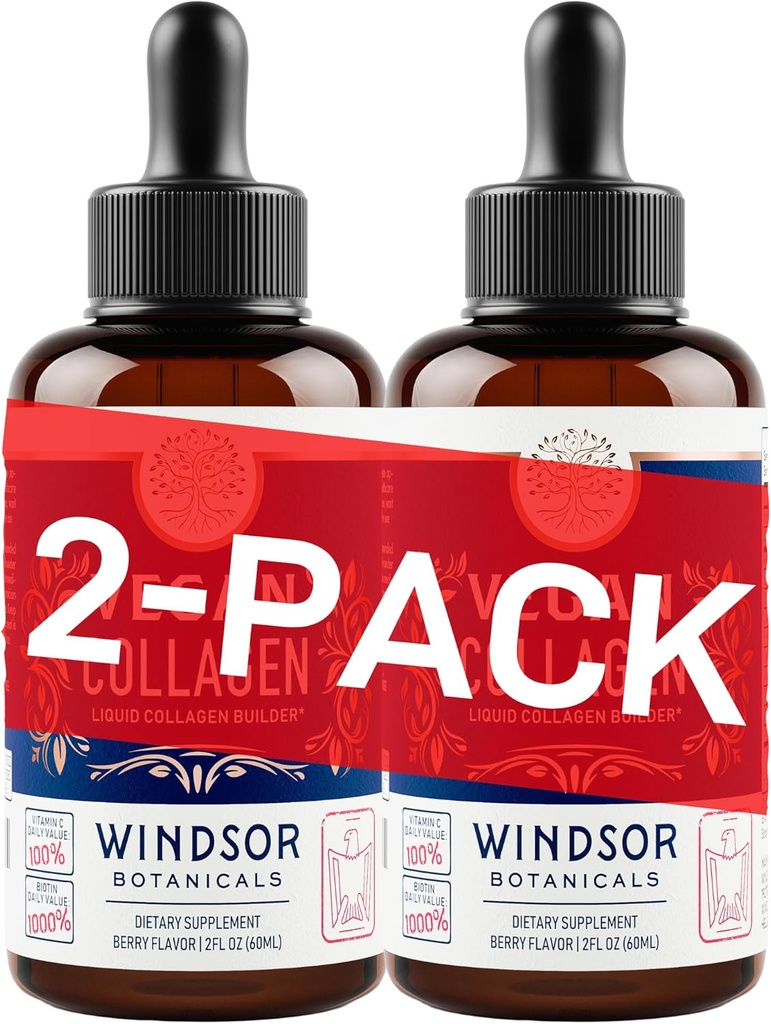 WINDSOR BOTANICALS טבעוני coagen נוזל תוספת - Collagen Booster עם ויטמין C, ביוטין, Hyaluronic Acid & Amino Acids - תערובת פירות וירקות אורגני - 120 מ"ל, 60 יום