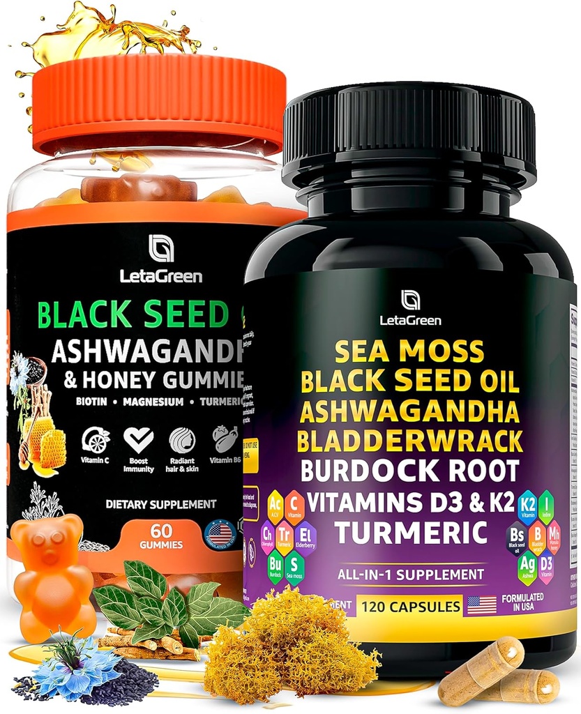 Sea Mosss כמוסות + Black Seed שמן מסטיקנים Bundle, 60 Black Seed Gummies + 120 Sea Moss Pills, הגנה טבעית תמיכה עם ויטמינים ומינרלים רבים תוספת Bundle