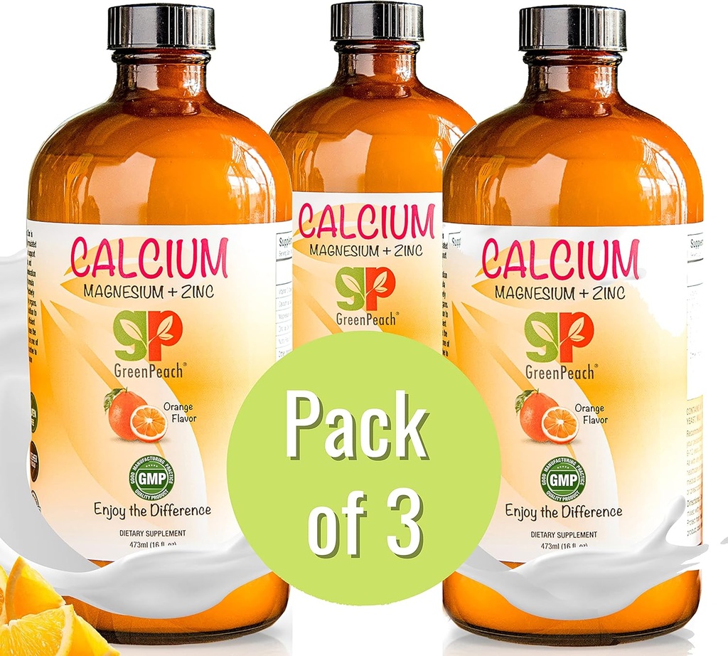 GreenPeach נוזלי Calcium לילדים - מגנזיום, D3 & Zinc תוסף - Calcium Citrate & ויטמין D3 Kids Calming Syrup - No Sugar No Artificial Flavors - Vegetarian כשר (3-Pack)