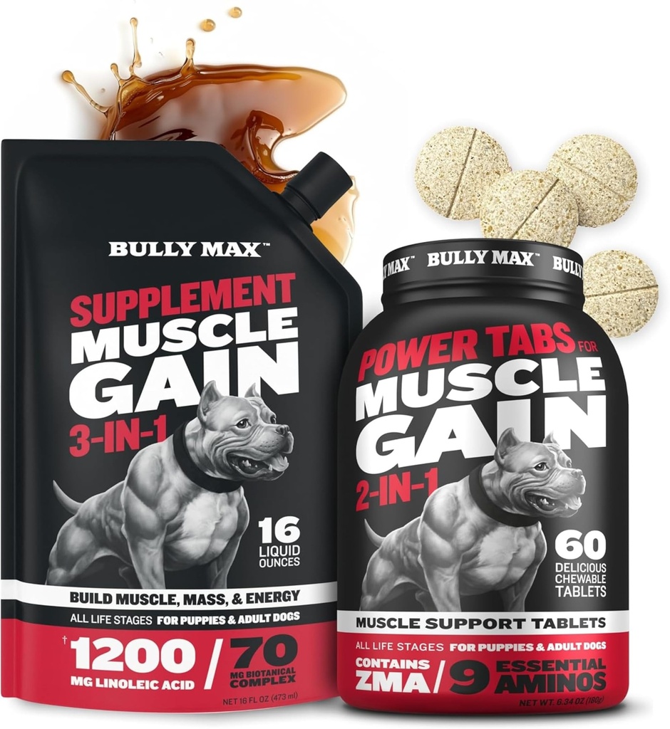 Bully Max 3-in-1 נוזל שריר בונה ו Power Tabs (60 כרטיסיות) Bundle - תוסף חלבונים גבוה וצ'ואמין רב ויטמין עבור צמיחה, אנרגיה ושיקום בכל Breeds, Puppies & מבוגרים כלבים