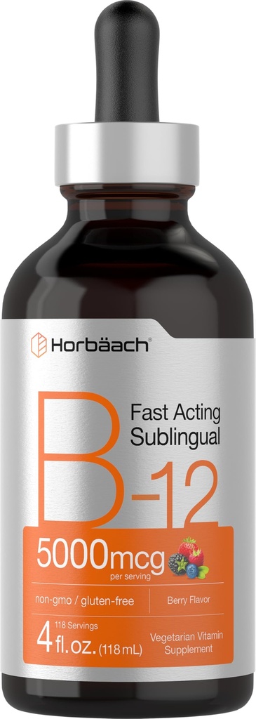 Horbaach B12 ויטמין 5000 mcg sublingual | 4 Fl Oz | As Methylcobalamin ו Cyanocobalamin | נוזל Vegetarian Drops | ברי פלאמור | Non-GMO & Gluten Free Supplement