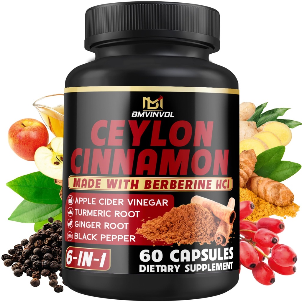 Ceylon Cinnamon כמוסות עם Berberine HCl, Apple Cider Vinegar, Turmeric, גינזנג, Black Pepper - 6in1 לתמיכה בתפקוד Immune - 60 Count