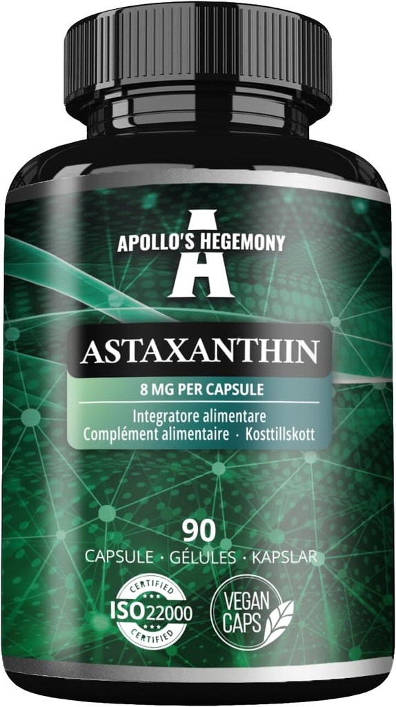 APOLLO'S HEGEMONY Astaxanthin 8 מ"ג של Microalgae Haematococcus pluvialis - 90 קפסולות טבעוניות - 3 חודשים - נוגד חמצון עוצמתי - תוספת דיאטה