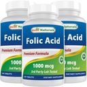Best Naturals Folic Acid 1000 mcg (Vitamin B9), 240 טבליות (1000 mcg (Pack of 3)