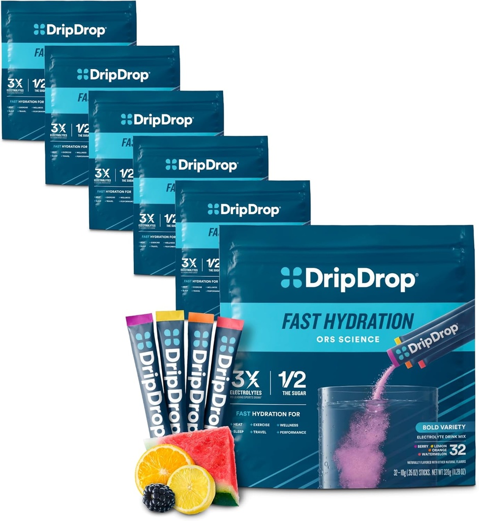 DripDrop hydrotion Packets - Bold Variety Pack - Single Serve Electrolytes אבקת לשתות Mix - Watermelon, ברי, לימון, כתום - non-GMO, Gluten Free, טבעוני - 192 מקלות