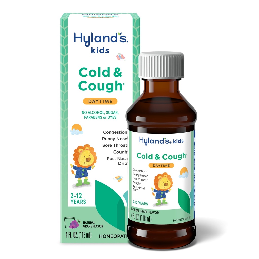 הילדים של Hyland קר ו Cough, Daytime Grape Flavor Cough Syrup Medicine for Kids Ages 2 ומעלה, Decongestant, Sore גרון הקלה, טיפול טבעי עבור סימפטומים קרים נפוצים, 4 Fl Oz