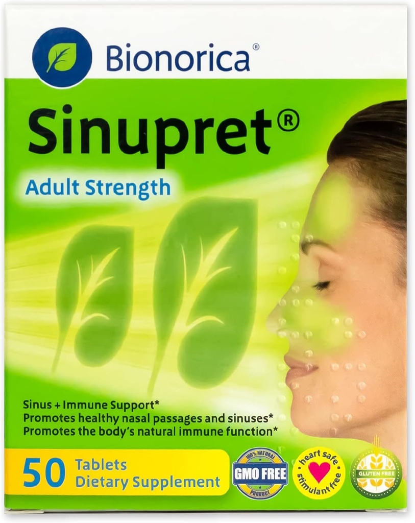Sinupret Adult Strength Sinus + Immune Support All Natural, Fast Acting Herbal Nasal Passage & Immunity Boost תוסף עם Verbena & Elder Flower - 50 טבליות (Pack of 2)